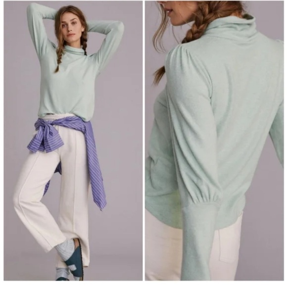 Anthropologie Puff Sleeved Turtleneck Soft Knit Sweater Mint Green Size: M - Picture 1 of 9